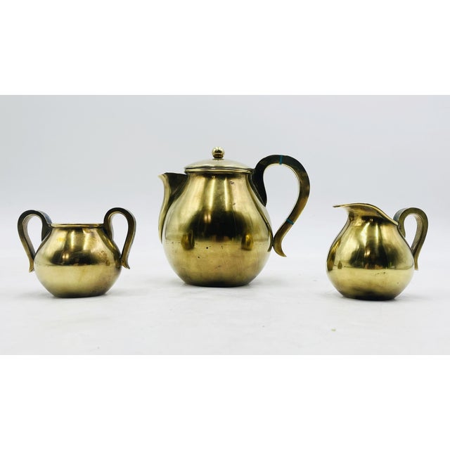 1950s Los Castillo Taxco Brass & Stone Inlaid Tea Set, Mexican Modernism - Set of 3 For Sale In Los Angeles - Image 6 of 18