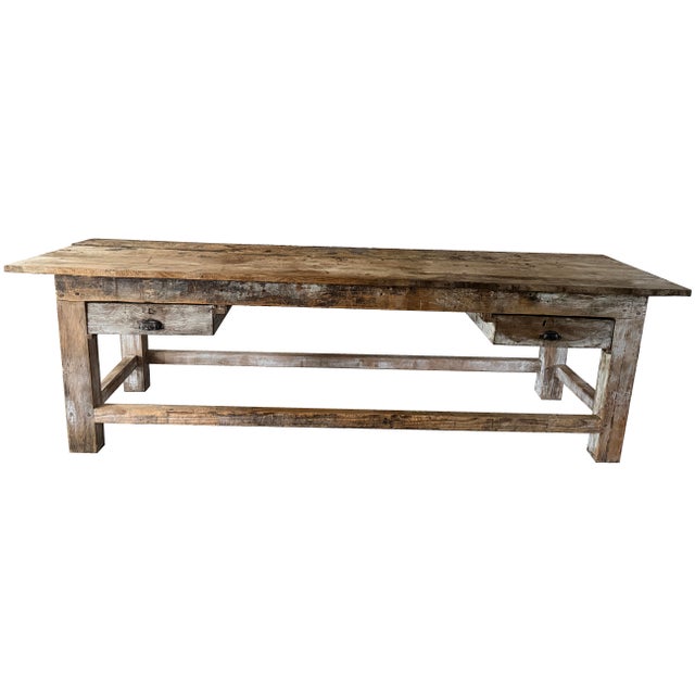 Exceptional 112" antique French primitive Industrial 2-drawer Work Table retaining a richly timeworn black-and-white...
