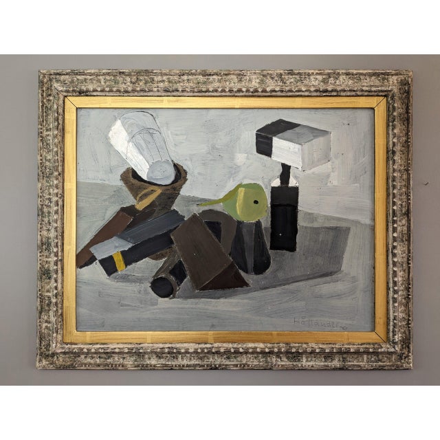 STACKED OBJECTS Size: 61 x 77 cm (including frame) Oil on Board A striking original mid century modernist composition,...