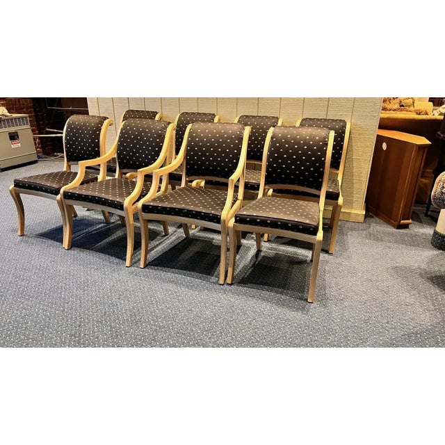 Set of 8 Century Furniture dining chairs featuring a seashell-patterned fabric. The whitewashed birch wood beautifully...