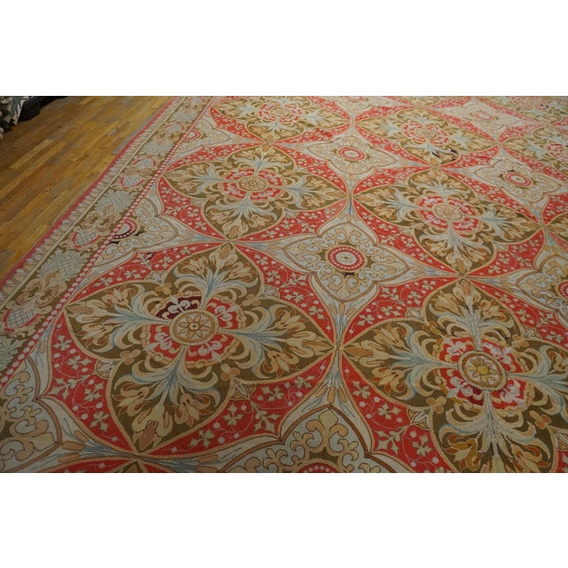 Late 19th Century 1880s Salmon Floral Medallion Antique French Needlepoint Rug 13'4" X 18' Flatweave Wool Carpet For Sale - Image 5 of 6