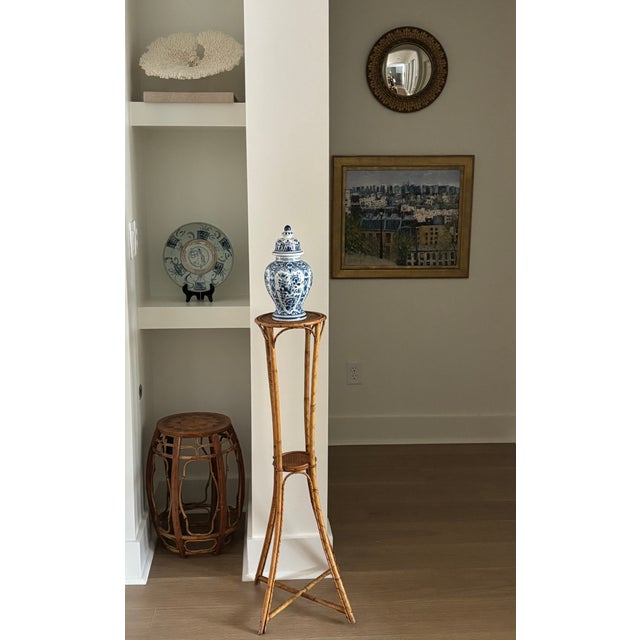 Vintage Palm Beach Style Rattan & Bamboo Two-Tiered Plant Stand For Sale - Image 4 of 11