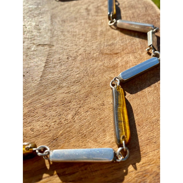 Metal Carved Tiger Eye Gemstones + Sterling Siver Modernist Minimalist Link Necklace For Sale - Image 7 of 8