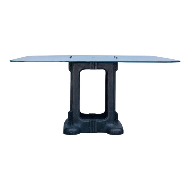 Sculptural Cast Iron Pedestal and Glass Industrial Dining / Work Table For Sale