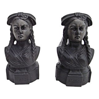 Fireplace Tridents with Female Head in Cast Iron, 1950s, Set of 2 For Sale
