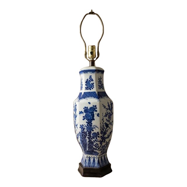Antique Blue & White Chinese Porcelain Lamp - Floral Vase For Sale