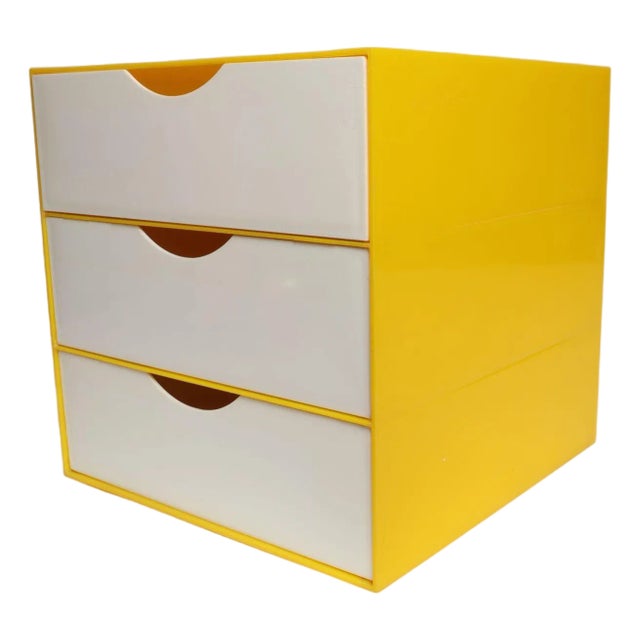 Vintage Yellow Acrylic Storage Cube With Three White Drawers After Joe Colombo For Sale