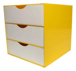 Vintage Yellow Acrylic Storage Cube With Three White Drawers After Joe Colombo