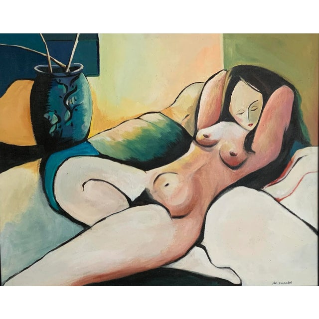 Metal Vintage Nude Matisse Inspired Oil Painting 1990s "Woman in Repose" Original Framed Oil Painting For Sale - Image 7 of 7