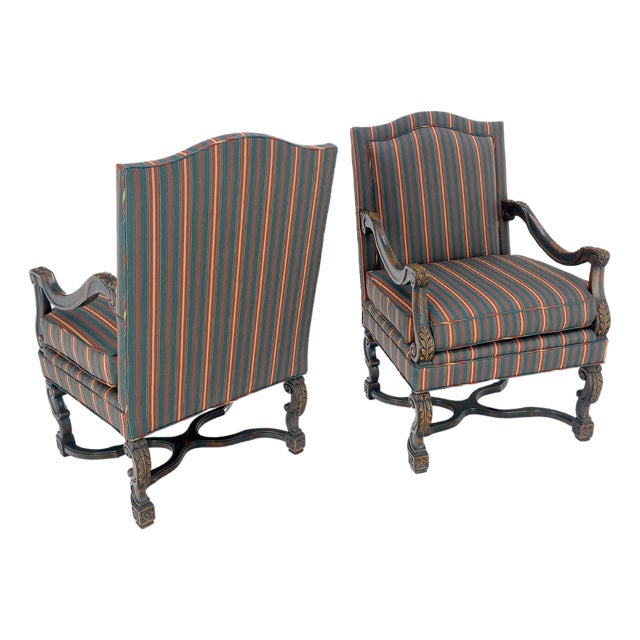 Pair of Carved Bases & Arms Striped Upholstery Fire Side Arm Lounge Chairs MINT! For Sale