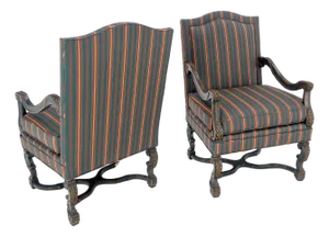 Pair of Carved Bases & Arms Striped Upholstery Fire Side Arm Lounge Chairs MINT!