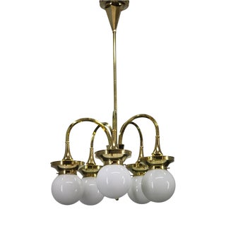 Vintage Art Deco Brass Chandelier with Five Opaline Glass Globes, 1930s For Sale