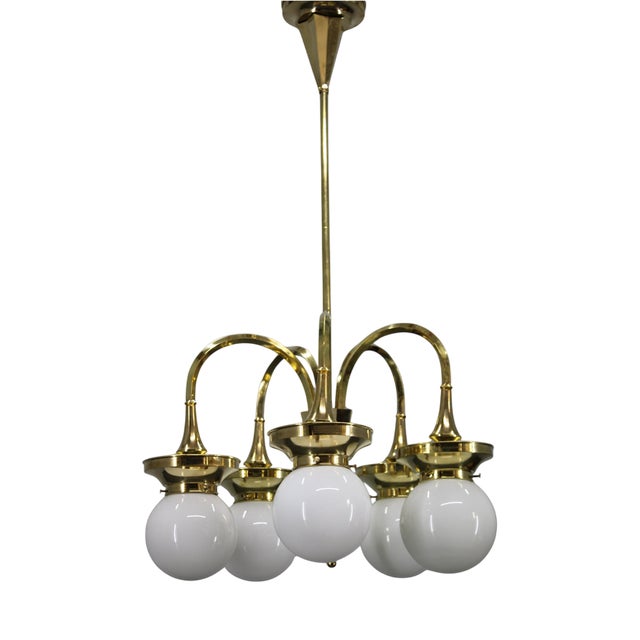 Vintage Art Deco Brass Chandelier with Five Opaline Glass Globes, 1930s For Sale