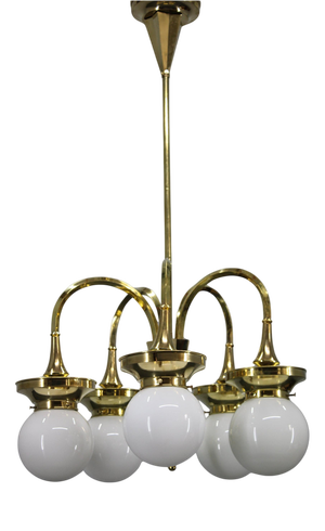 Vintage Art Deco Brass Chandelier with Five Opaline Glass Globes, 1930s