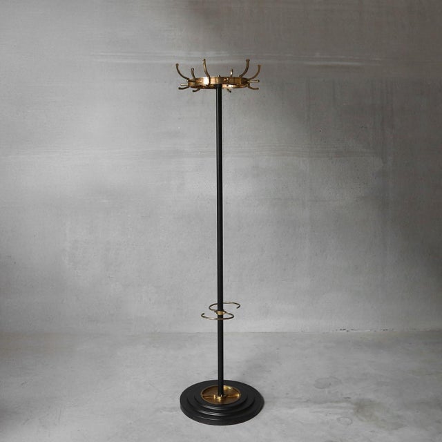 Mid-Century Black Metal and Brass Coat Rack attributed to Jacques Adnet, France, 1950s For Sale - Image 14 of 14
