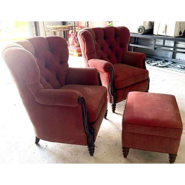 Brick Red 1980s French Napoleon III Wingback Armchairs and Ottoman For Sale - Image 8 of 12