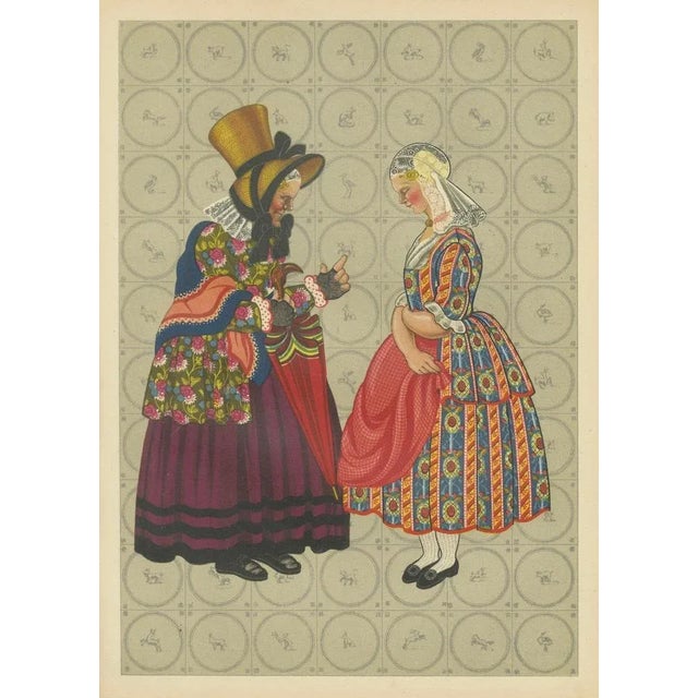Paper Gratiane de Gardilanne and Elizabeth Whitney Moffatt, Groningen Women in Chintz and Flodder Muts Headdresses, 1932, Chromolithograph For Sale - Image 7 of 10