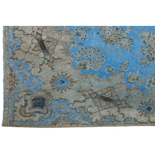 Light Blue Floral Antique Persian Overdyed Wool Rug With Medallion Motif For Sale - Image 4 of 10