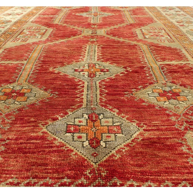 Antique Turkish Oushak Rug With Geometric Design in Red, Light Green, Orange and Cream For Sale In Atlanta - Image 6 of 9