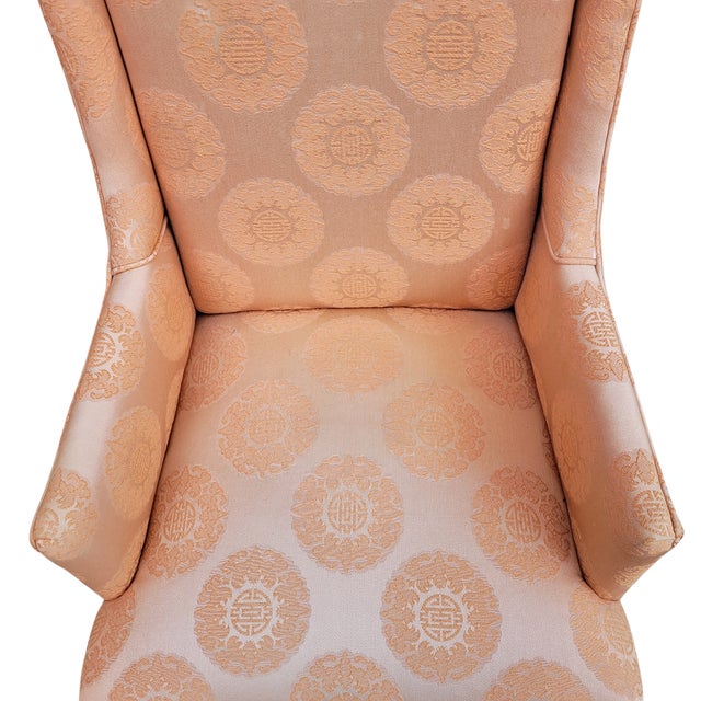 Slender Queen Anne Wing Chair in Peach Silk Damask With Chinoiserie Medallions For Sale In Raleigh - Image 6 of 6