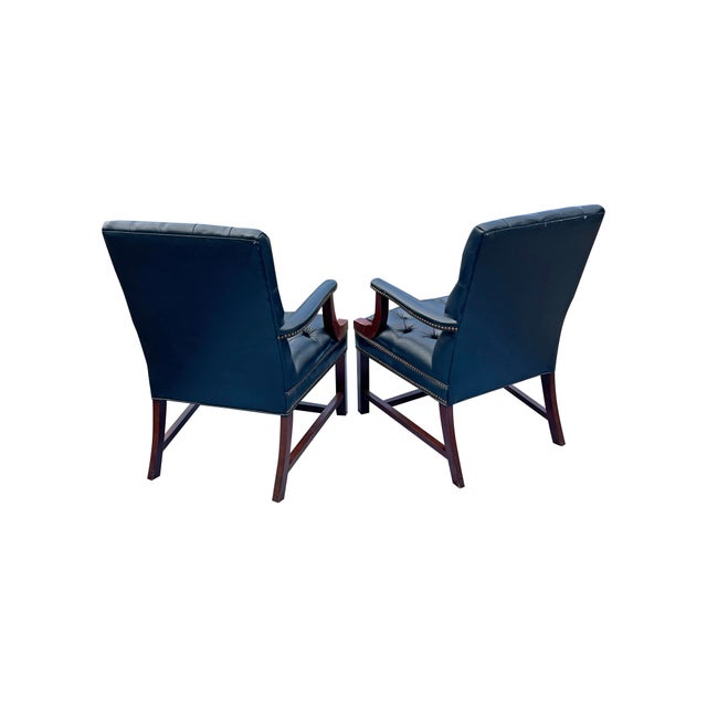 1990s Chesterfield Tufted Blue Leather Arm Chairs a Pair. English Style With Brass Nailhead Accent's For Sale - Image 5 of 6
