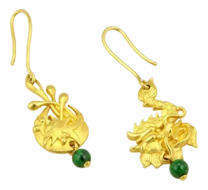 Jade 24k Gold Carved Dragon & Phoenix Hook Dangle Earrings - 2 Pieces