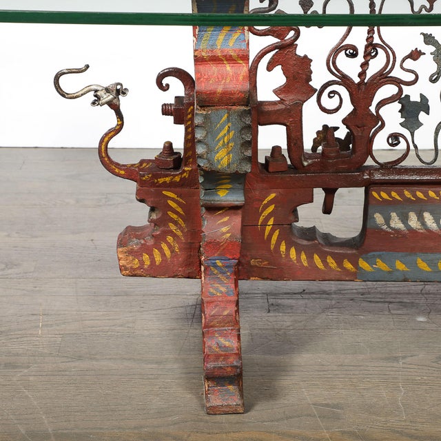 Arts & Crafts Arts and Crafts Sicilian Polychromed Wood & Iron Glass Top Oxcart Cocktail Table For Sale - Image 3 of 18