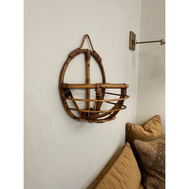 Camel Boho Chic Bamboo & Rattan Round Wall Pocket For Sale - Image 8 of 12