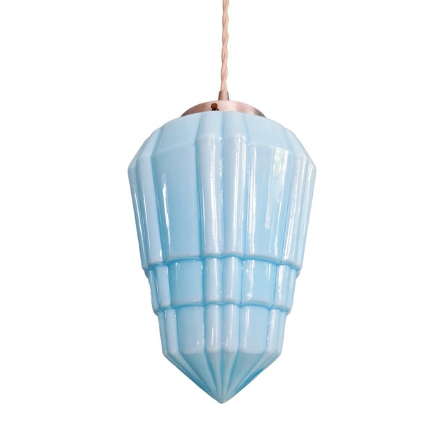 Art Deco Pendant Light in Pressed Molded Opaline Glass and Blue Color, 1920s For Sale