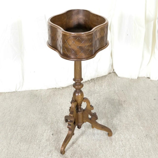 19th Century French Carved Oval Shaped Walnut Jardinière Planter on Tripod Stand For Sale - Image 4 of 12