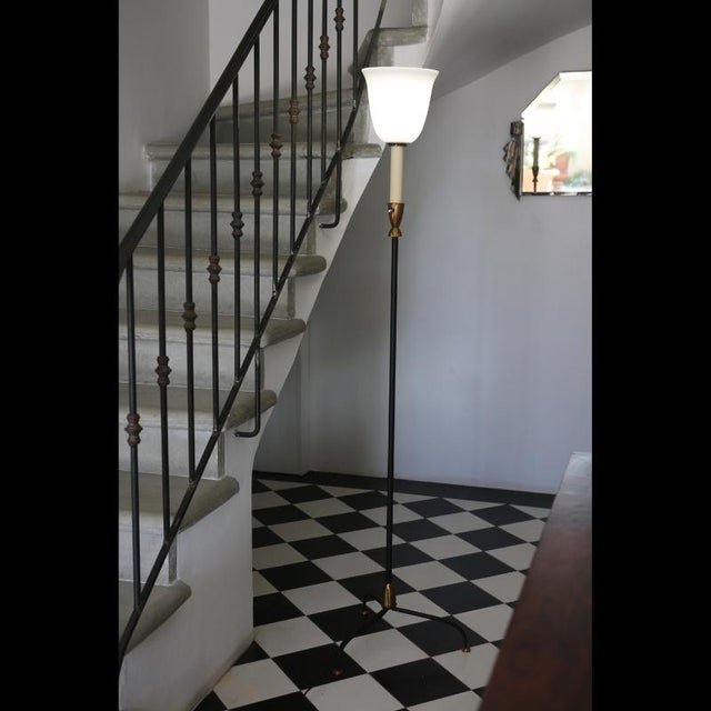 Large Vintage French Art Deco Floor Lamp in Metal and Opaline Glass, France, 1920 For Sale - Image 12 of 12