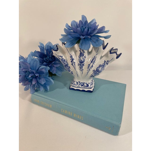 Vintage Blue and White Ceramic Five Finger Tulip Vase, Tulipiere For Sale - Image 14 of 14