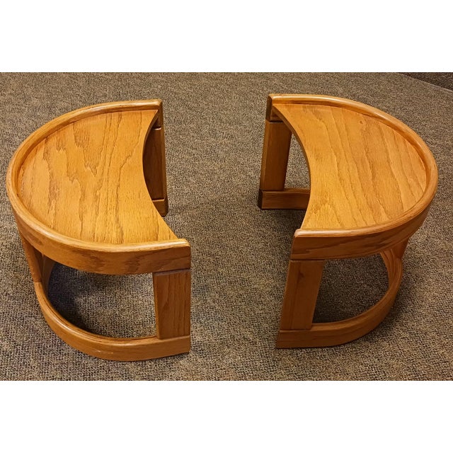 1970s Postmodern Howard Furniture Solid Oak Half Moon Side Tables- A Pair For Sale - Image 6 of 6