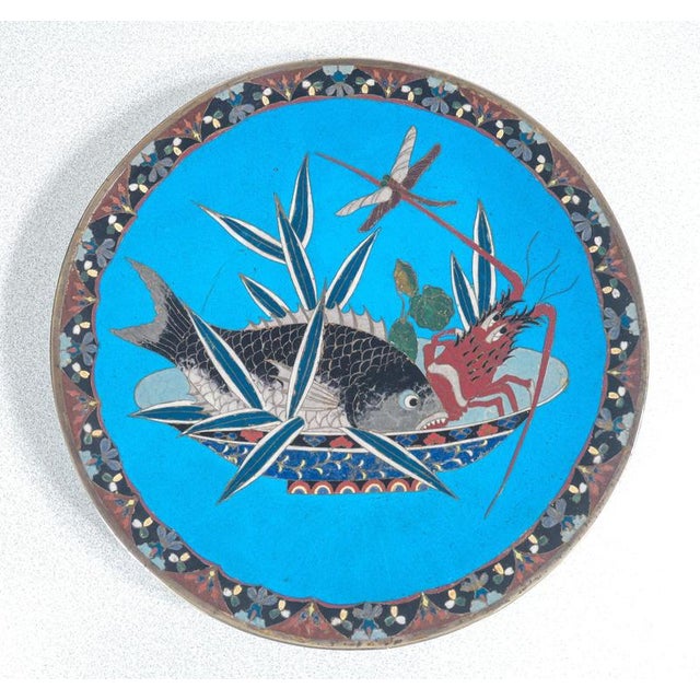 Cloisonné enamel plate serving tray with fish, lobster and dragonfly. Origin japan period meiji era, second half of the...
