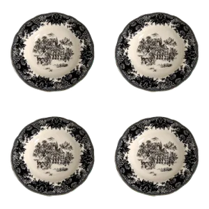 English Staffordshire Creamware Soup Plates Toile Black Equestrian Countryside - Set of 4