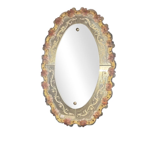 Mid-Century Modern Oval Murano Glass Mirror with Pink Flowers, 1950s For Sale