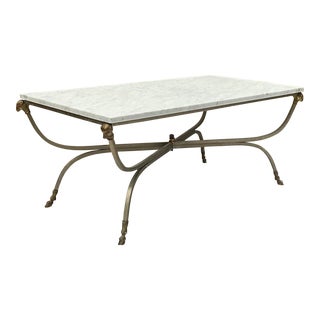 Maison Jansen Inspired Neo-Classical Steel & Bronze Marble Top Coffee Table For Sale