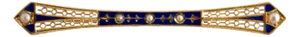 Early 20th Century 14k Yellow Gold Blue Enamel and Seed Pearl Filigree Bar Brooch