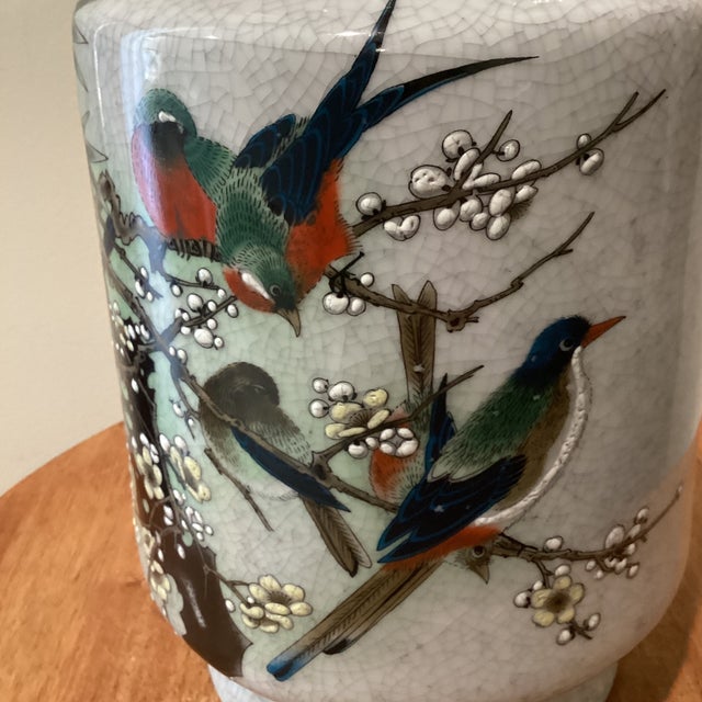 Vintage Chinese Hand-Painted Crackled Glaze Vase W/Foo Dogs Handles Calligraphy & Stamps For Sale - Image 4 of 12