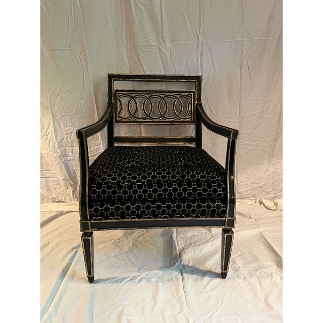 Beautiful Century Furniture chair with cut velvet Pollack Fabric in black and cream. Black painted finish with Silver leaf...