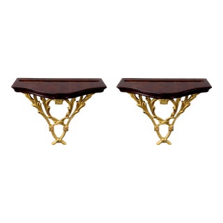 Pair of Neoclassical Giltwood Wall-Mounted Brackets With Mahogany Tops For Sale