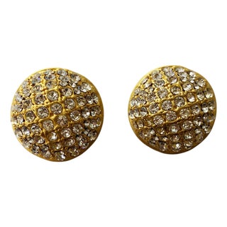 Vintage Gold Tone W/Shimmering Rhinestones Clips Dome Earrings For Sale