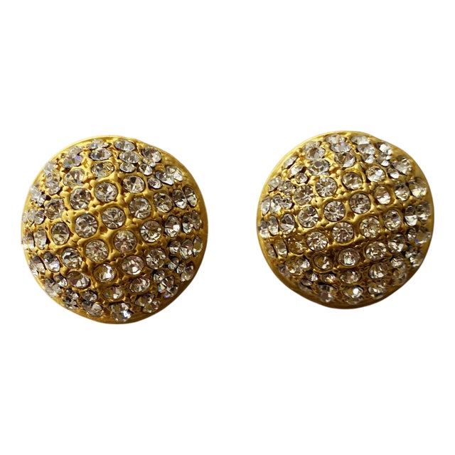 Vintage Gold Tone W/Shimmering Rhinestones Clips Dome Earrings For Sale