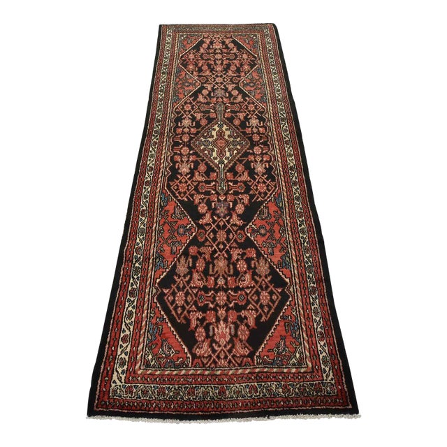 Hamedan Runner 3'6'' X 10' Black Wool Vintage Tribal Hand-Knotted Oriental Rug For Sale