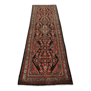 Hamedan Runner 3'6'' X 10' Black Wool Vintage Tribal Hand-Knotted Oriental Rug