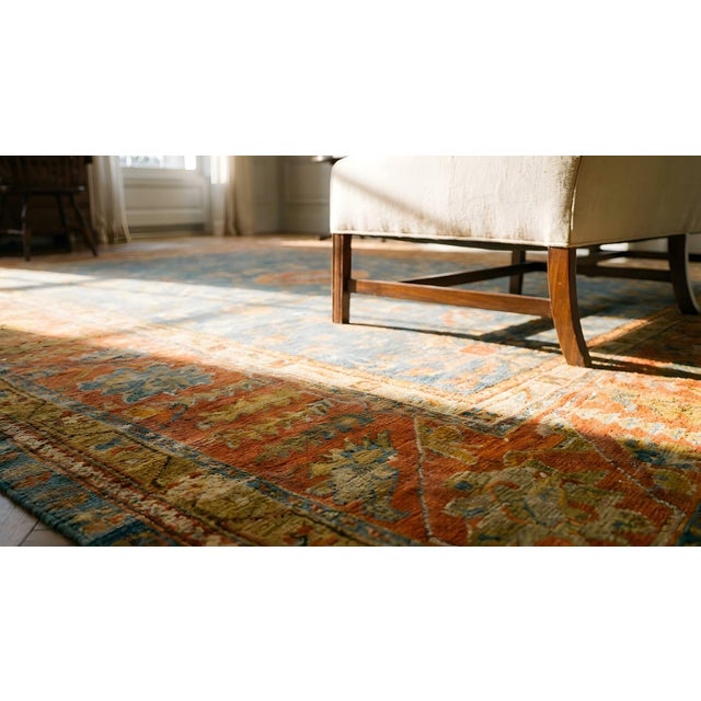 Marvelous Sky Blue Ground Color Medallion/Crest Pattern AntiqueTurkish Oushak Rug For Sale - Image 14 of 15