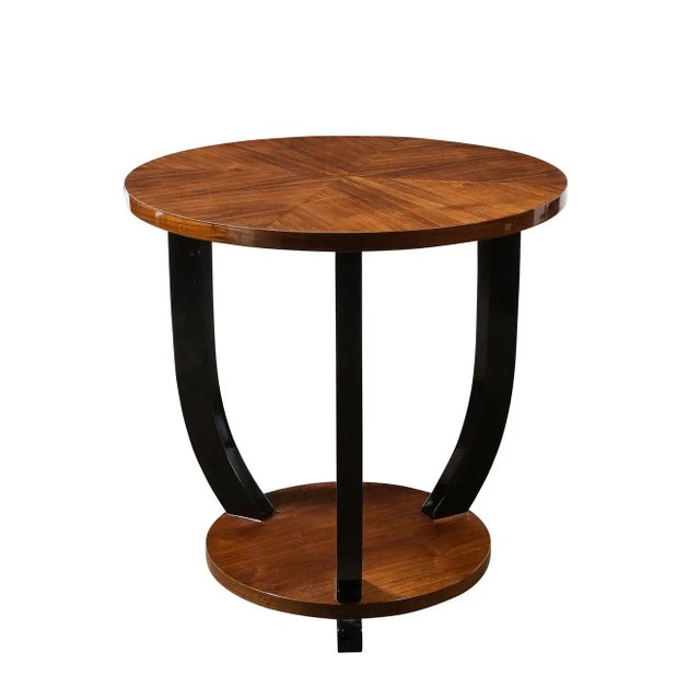 French Art Deco Two-Tiered Bookmatched Walnut & Black Lacquer Gueridon Table For Sale In New York - Image 6 of 13