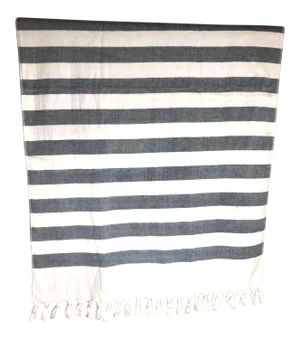100% Cotton Blue Gray Indigo and White Stripes Tasseled Handmade Towel