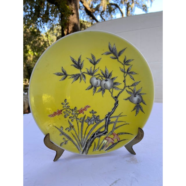 Occupied Japan plate yellow with hand-painted cherry blossoms. This Hollywood Regency style or Palm Beach Chic style...