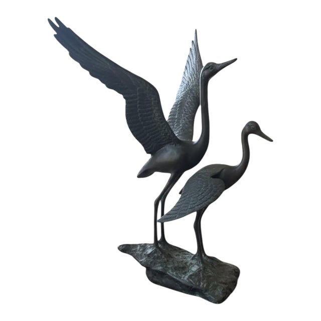 Mid-Century Modern Verdigris Bronze Crane & Heron Sculpture on Faux Stone Base For Sale